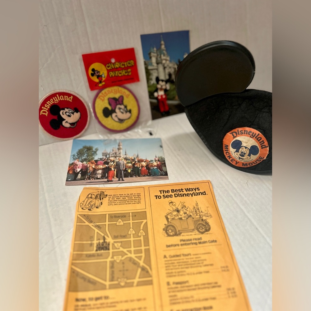 Lot of 6 Vntg DISNEYLAND 1980s Visit Mickey Ears, 2 Patches, 2 Postcards, Pk Map